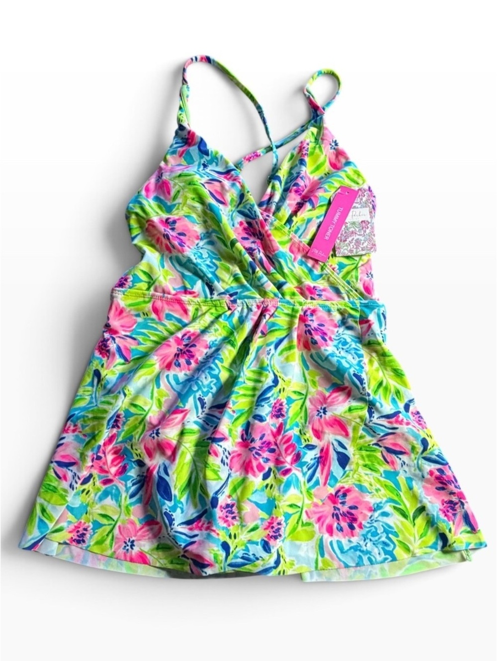 STELLA PARKER tummy toner multi color swim dress one piece seimsuit $98 NWT
